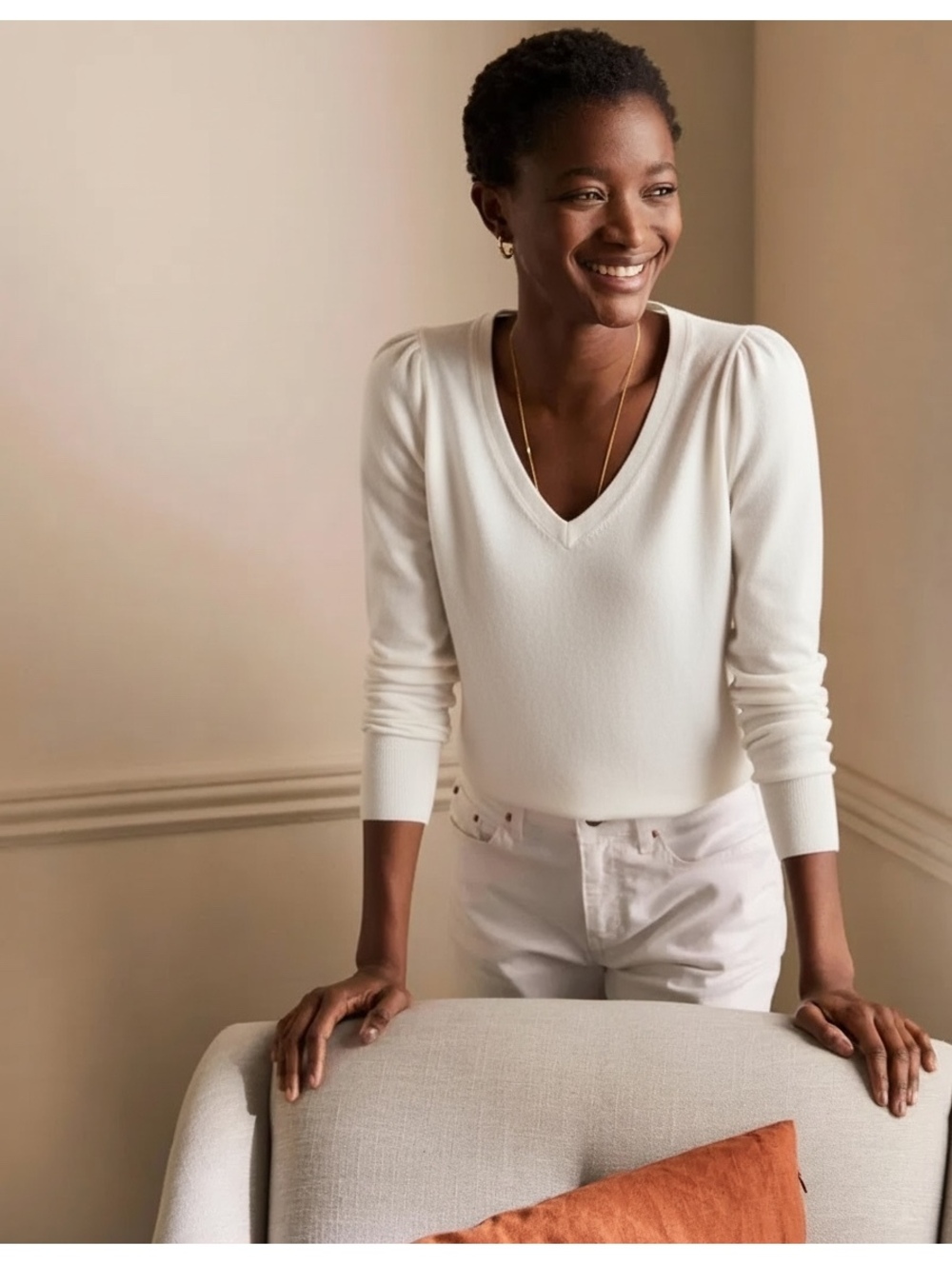 Boden White V-Neck Puff Shoulder Cotton Knit Sweater Size L EUC
